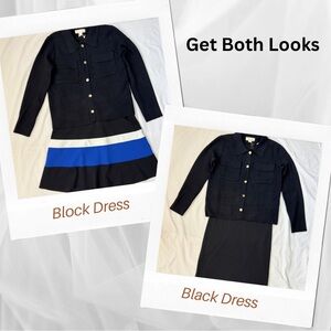 Bundle: Cardigan Sweater w/ black dress and black, white & blue block dress